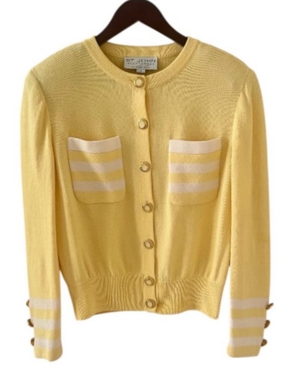 St. John Yellow with White Detail Santana Knit Skirt Suit Set Size 4 - Picture 6 of 13